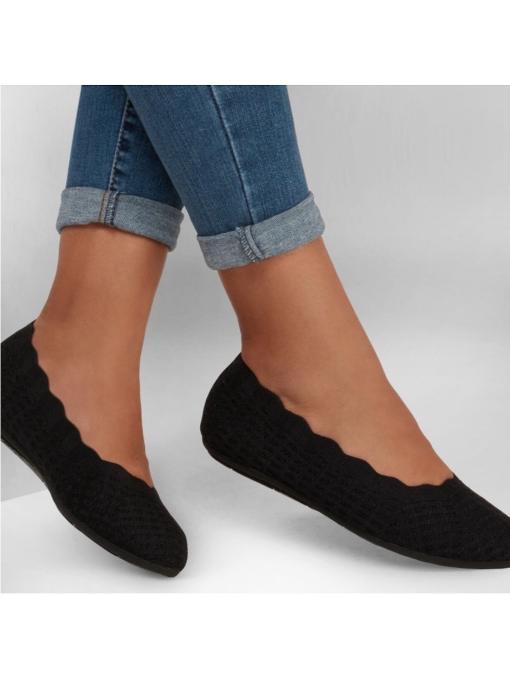 Black Scalloped Edge Knit Ballet Flats Skechers Cleo Bewitch Size 8 Memory Foam